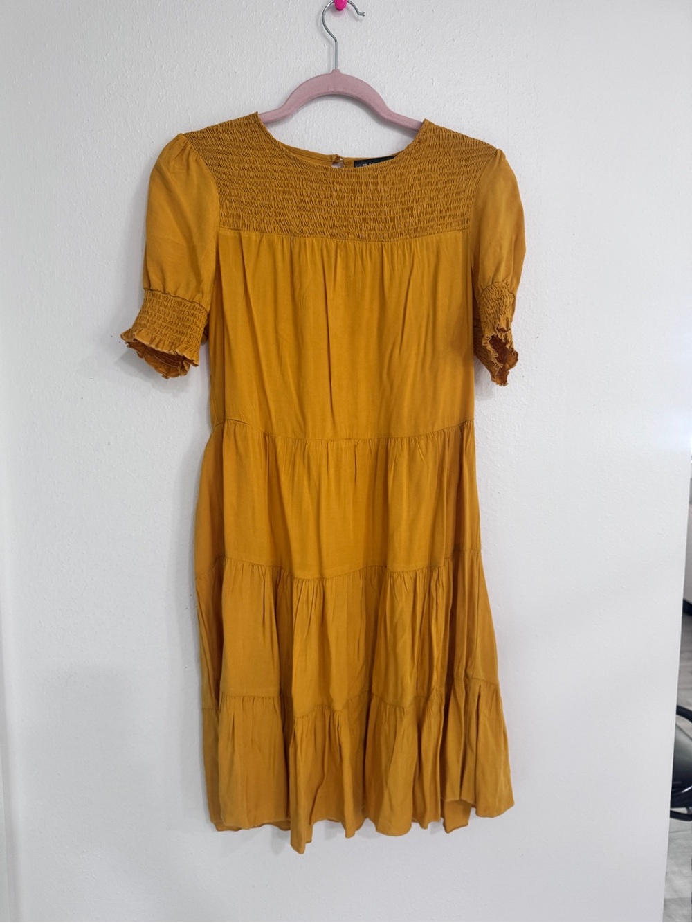 Allegra K Mustard Yellow Smocked Tiered Midi Dress. 0051